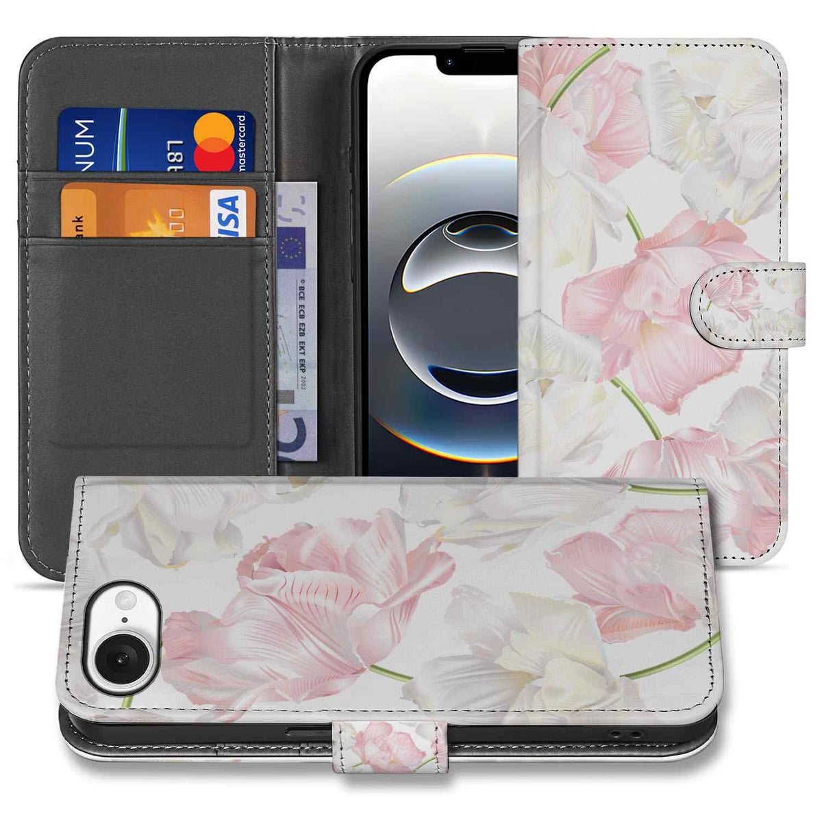 iPhone 16e Hoesje Lovely Flowers boekhoesje witte roze bloemen aanzicht