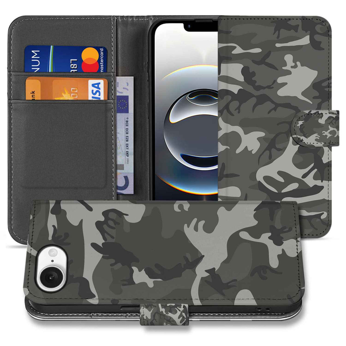 iPhone 16e Telefoon Hoesje Army Light camouflage wallet case front back