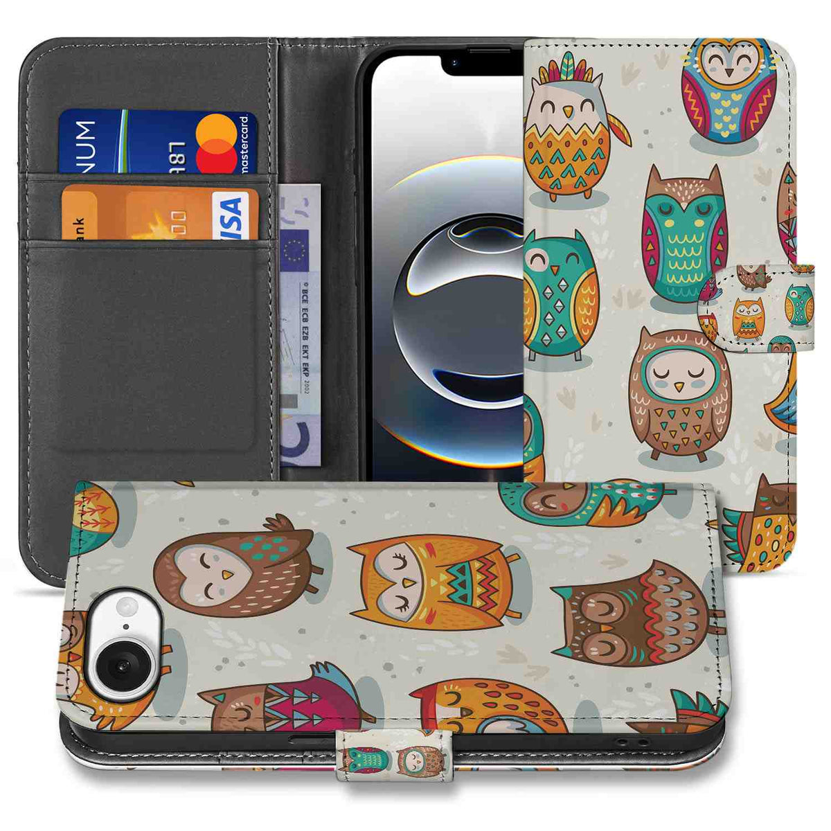 iPhone 16e Telefoonhoesje met Pasjes Vrolijke Uilen telefoonhoesje uilen design voorkant