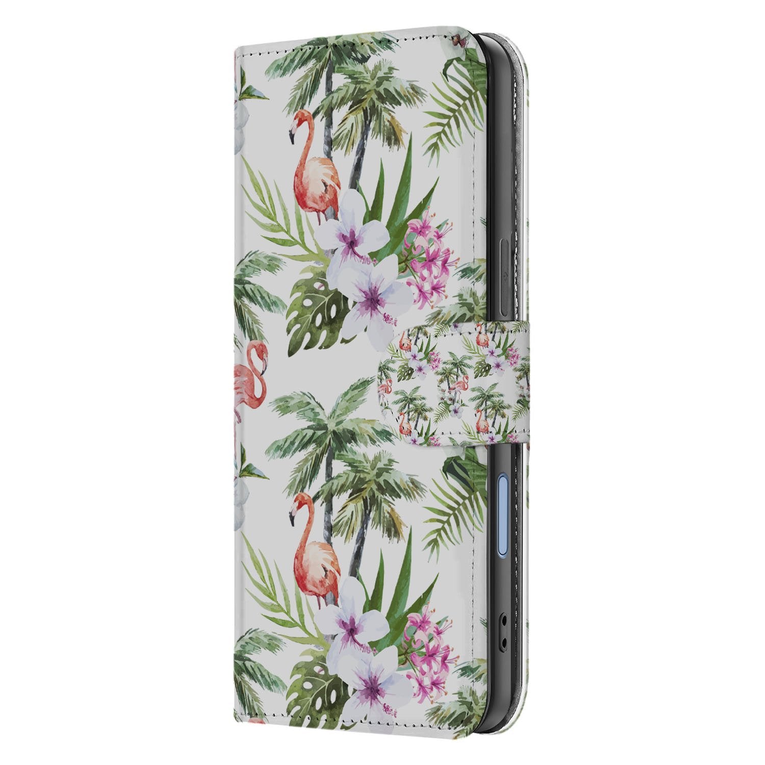 iPhone 17 Book Case met Flamingo Palms Design tropische print aanzicht