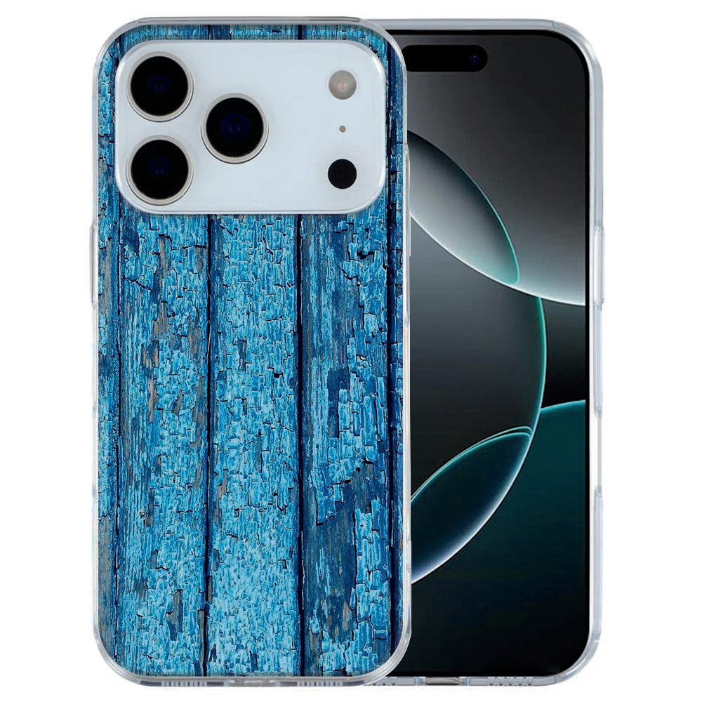 iPhone 17 Pro Max Hoesje Wood Blue Stijlvol TPU Cover met Blauwe Houtprint Vooraanzicht.