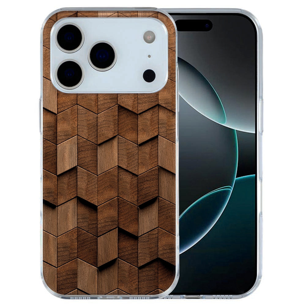 iPhone 17 Pro Max Hoesje Wooden Cubes â Robuust TPU Cover met Houten Blokjes Achteraanzicht houten blokjes patroon.