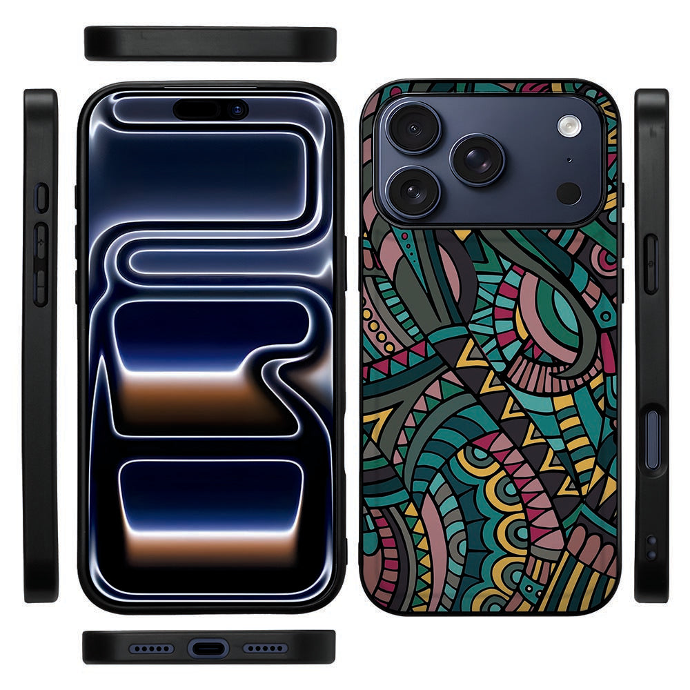 Zijkant van de Aztec back cover voor de iPhone 18 Pro met de flexibele zwarte TPU-rand