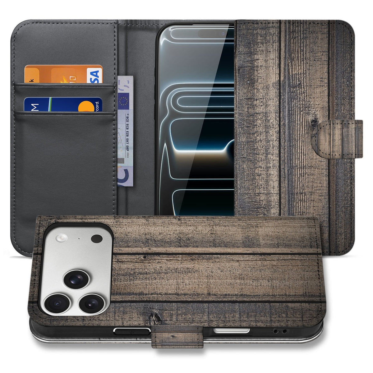 Bookcase Steigerhout voor iPhone 18 Pro, open en gesloten naast elkaar met geelbruine houtprint