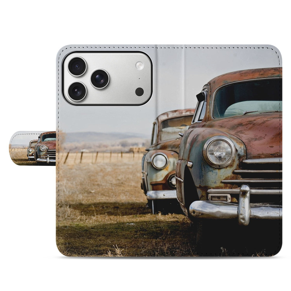 Voorkant van het dichte Vintage Auto klaphoesje voor de iPhone 18 Pro