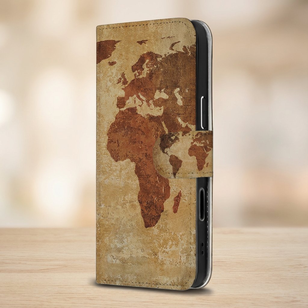 Close-up van het Wereldkaart design op de voorkant van het iPhone 18 Pro bookcase hoesje
