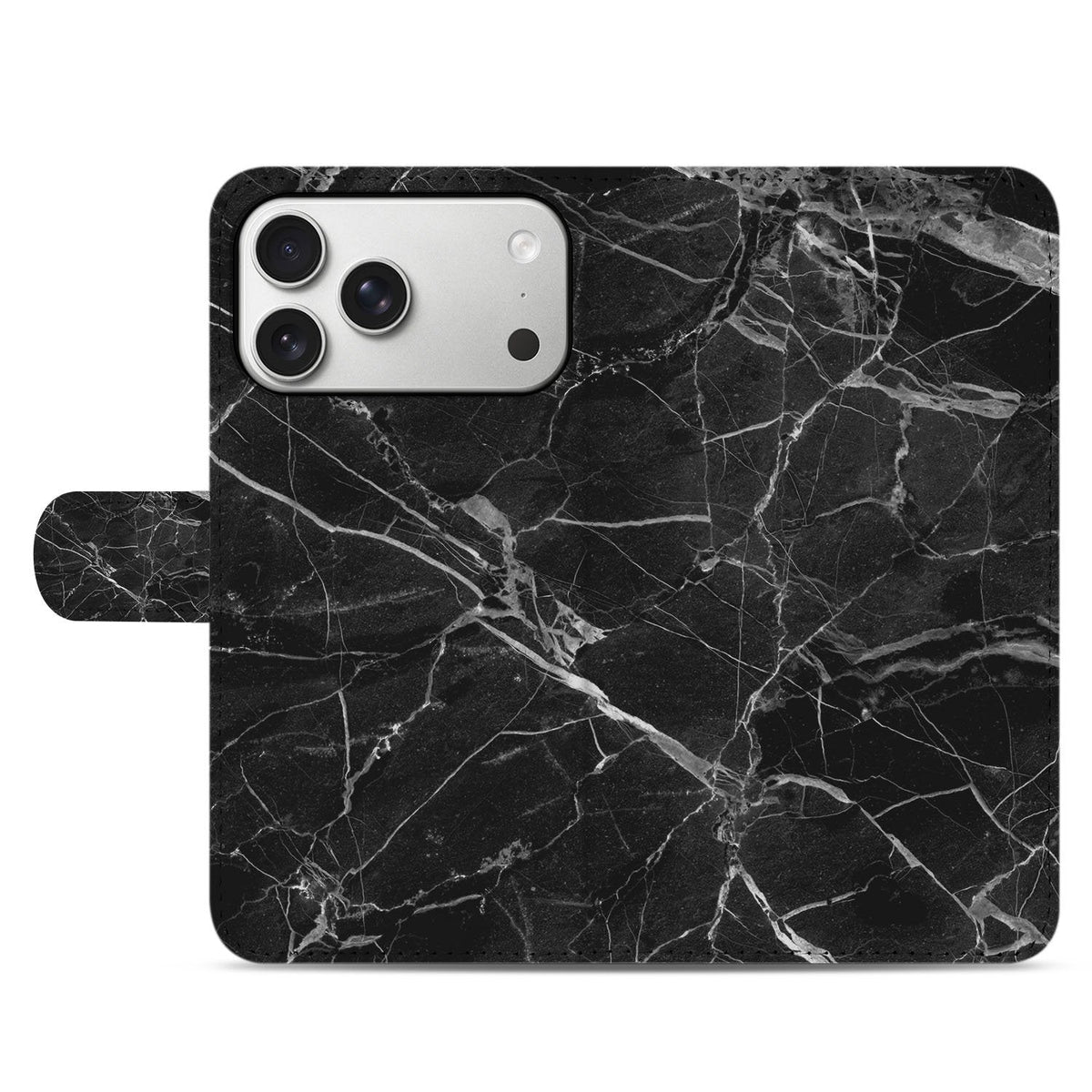 Gesloten voorkant van de Marmer Zwart bookcase voor de iPhone 18 Pro met lichte adering