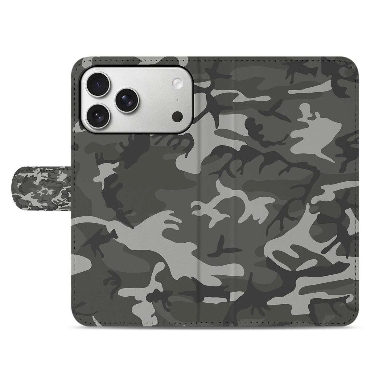Voorflap in grijs-groene camouflage: Army Light hoesje voor de iPhone 18 Pro Max, dicht