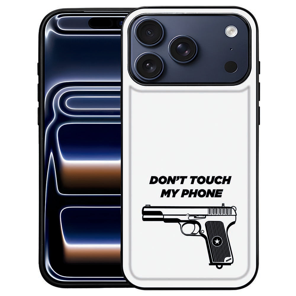 iPhone 18 Pro Max back cover Pistol DTMP, zwarte achterkant met pistoolsilhouet en tekst