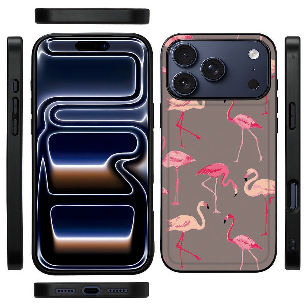 Flamingo hoesje voor iPhone 18 Pro Max van opzij, zwarte TPU-rand en uitsparingen voor de knoppen