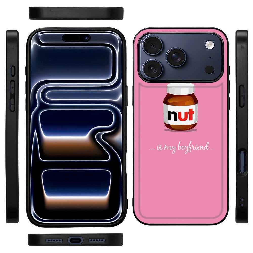 iPhone 18 Pro Max back cover Nut Boyfriend van opzij, zwarte TPU-rand langs de knoppen