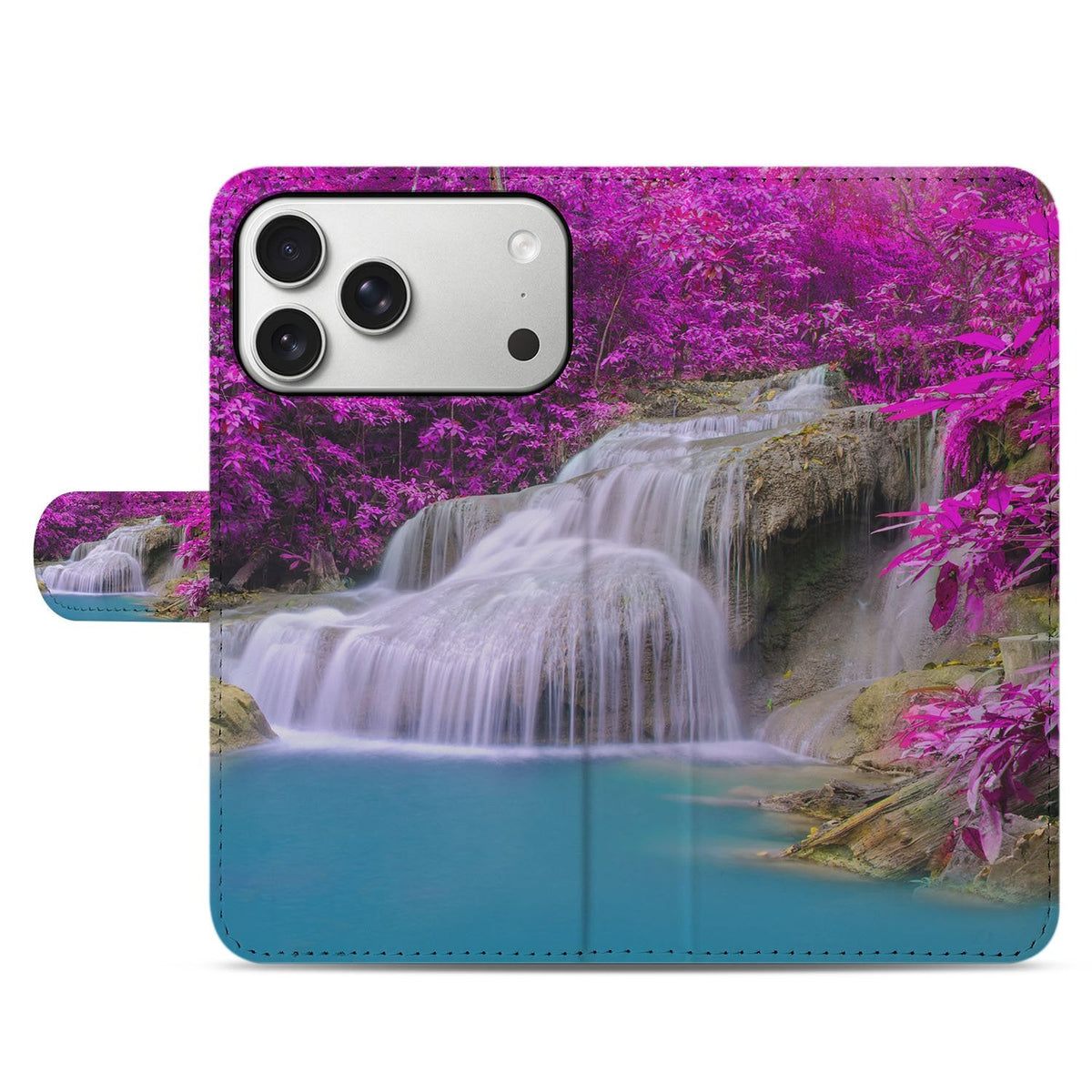 Gesloten iPhone 18 Pro Max hoesje met de meerkleurige Waterval-print op de voorflap