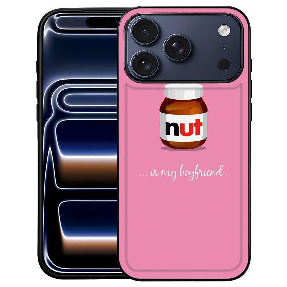 Nut Boyfriend iPhone 18 Pro Max hoesje, roze achterkant met speelse notenillustratie en zwarte rand