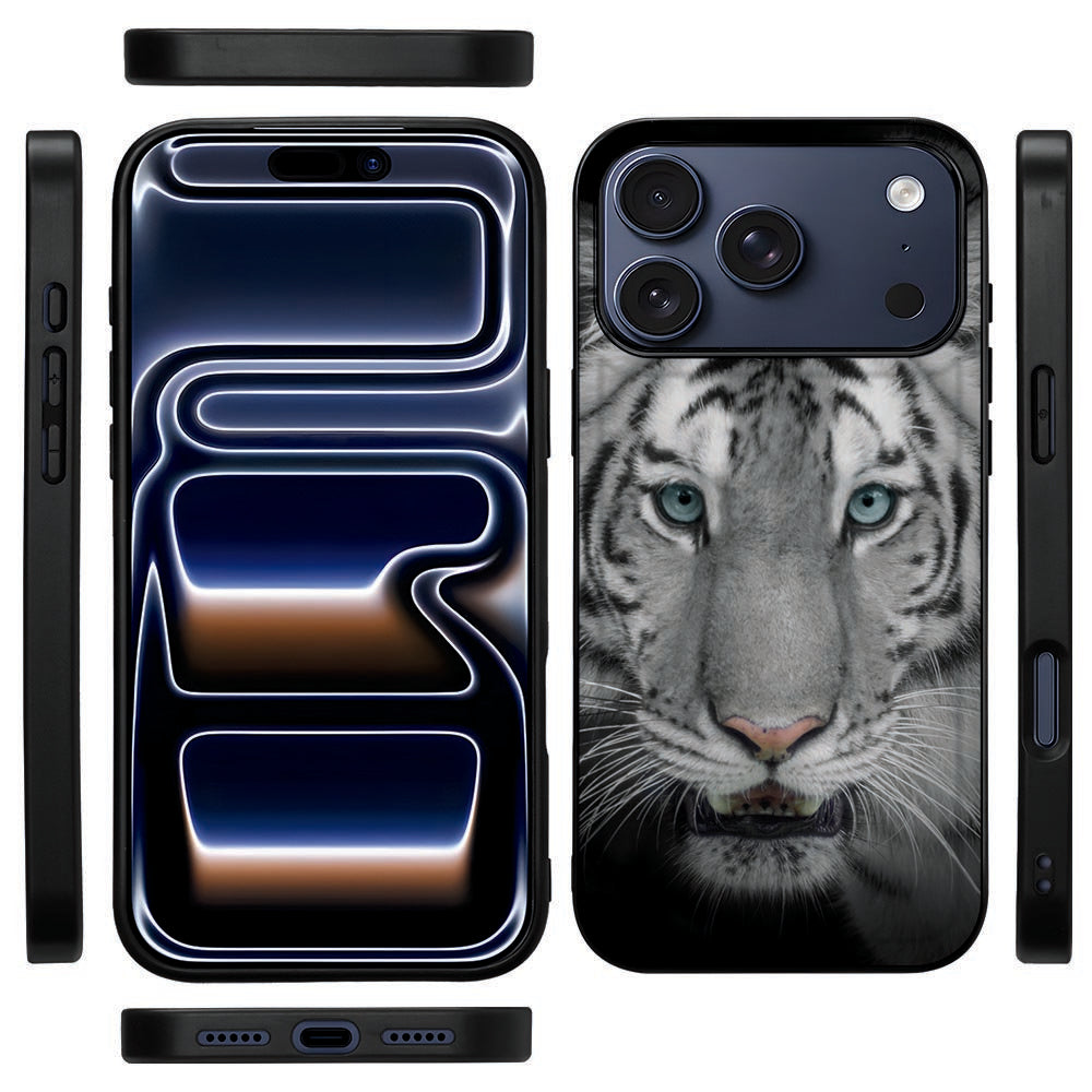 Zijkant van het iPhone 18 Pro Max hoesje Tijger met zwarte TPU-rand en vrije volumeknoppen