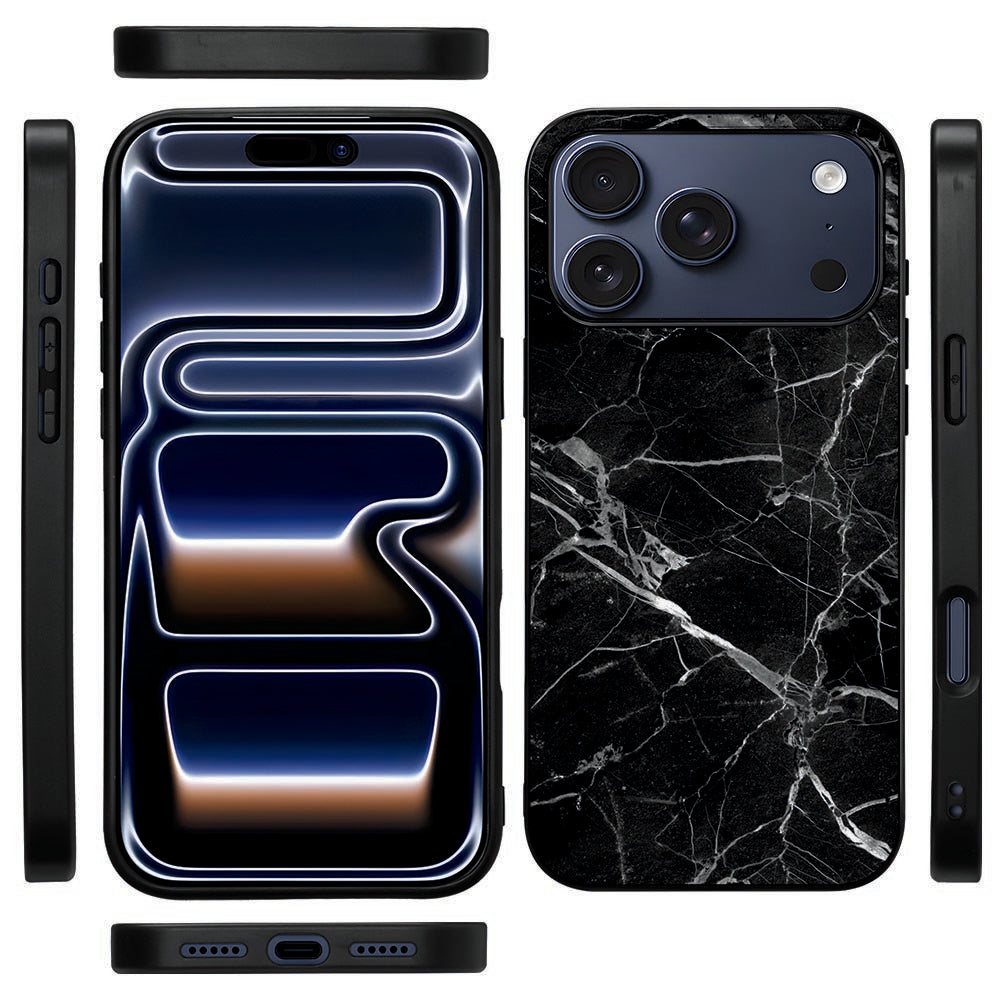 Zijkant van het Marmer Zwart hoesje voor iPhone 18 Pro Max, zwarte TPU-rand met knopuitsparingen