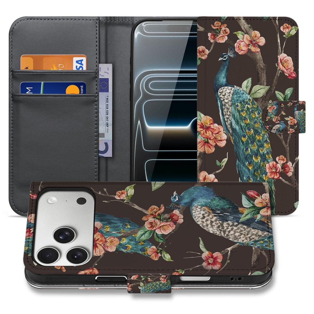 Portemonnee hoesje iPhone 18 Pro Pauw met Bloemen, open en gesloten naast elkaar