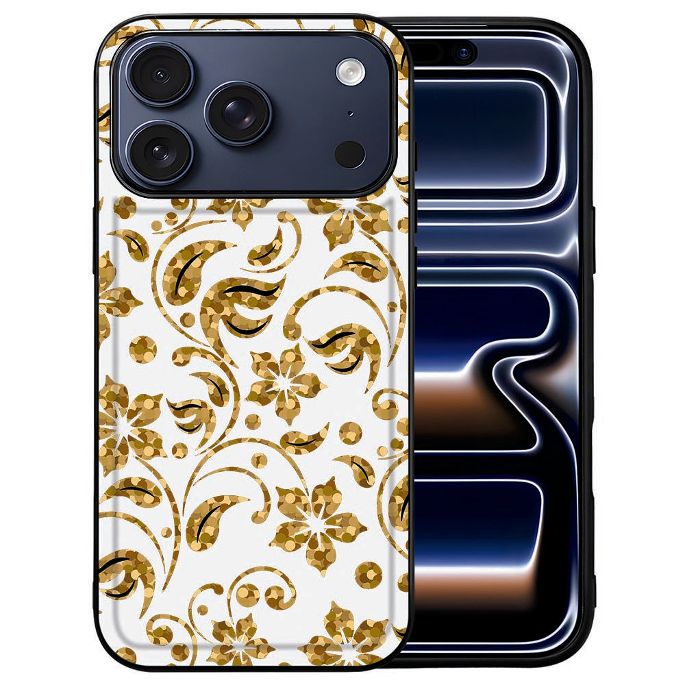 Goudkleurige bloemen op de kunstleren achterkant van het iPhone 18 Pro hoesje Gouden Bloemen