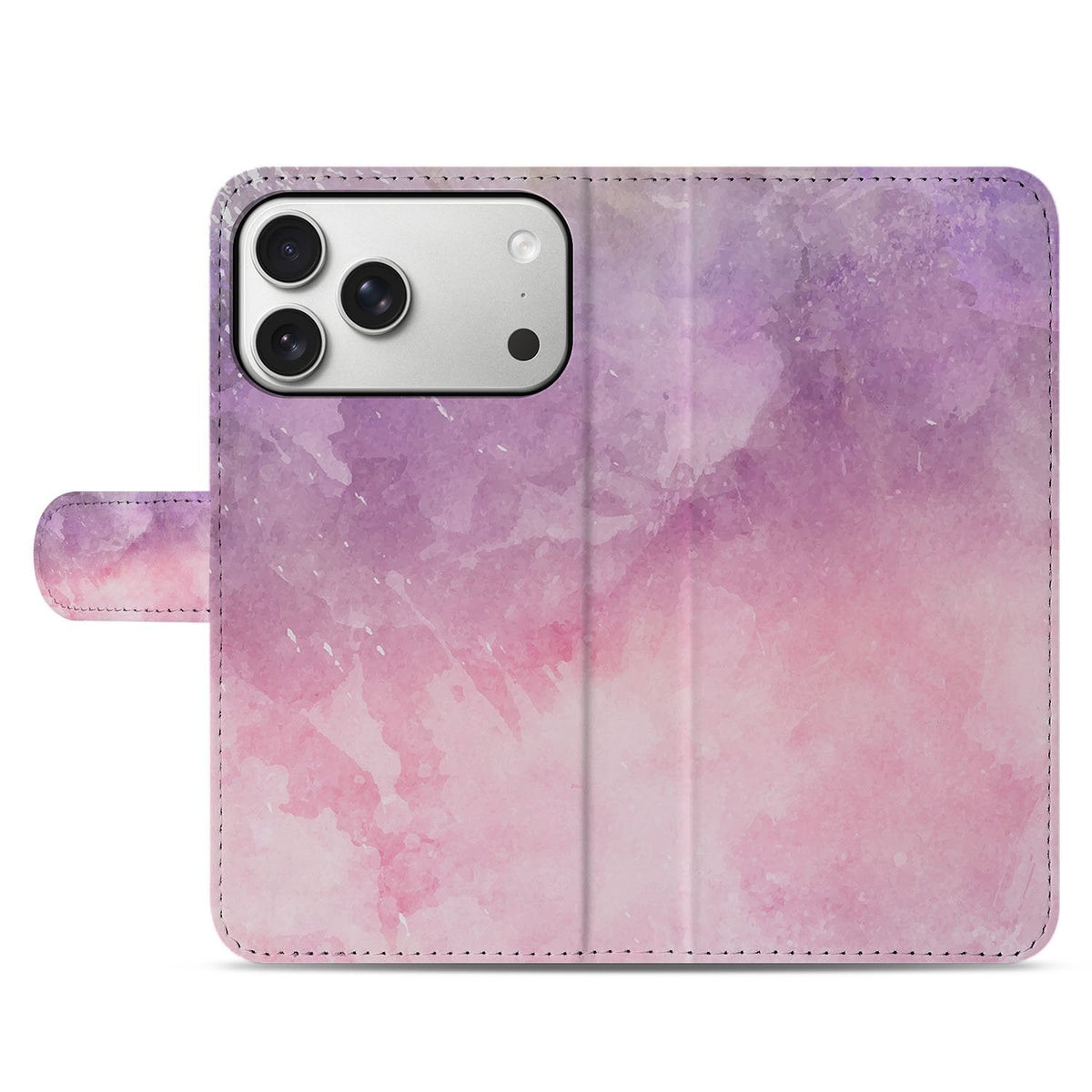 Voorkant van het gesloten iPhone 18 Pro boekhoesje Pink Purple Paint in roze en paars