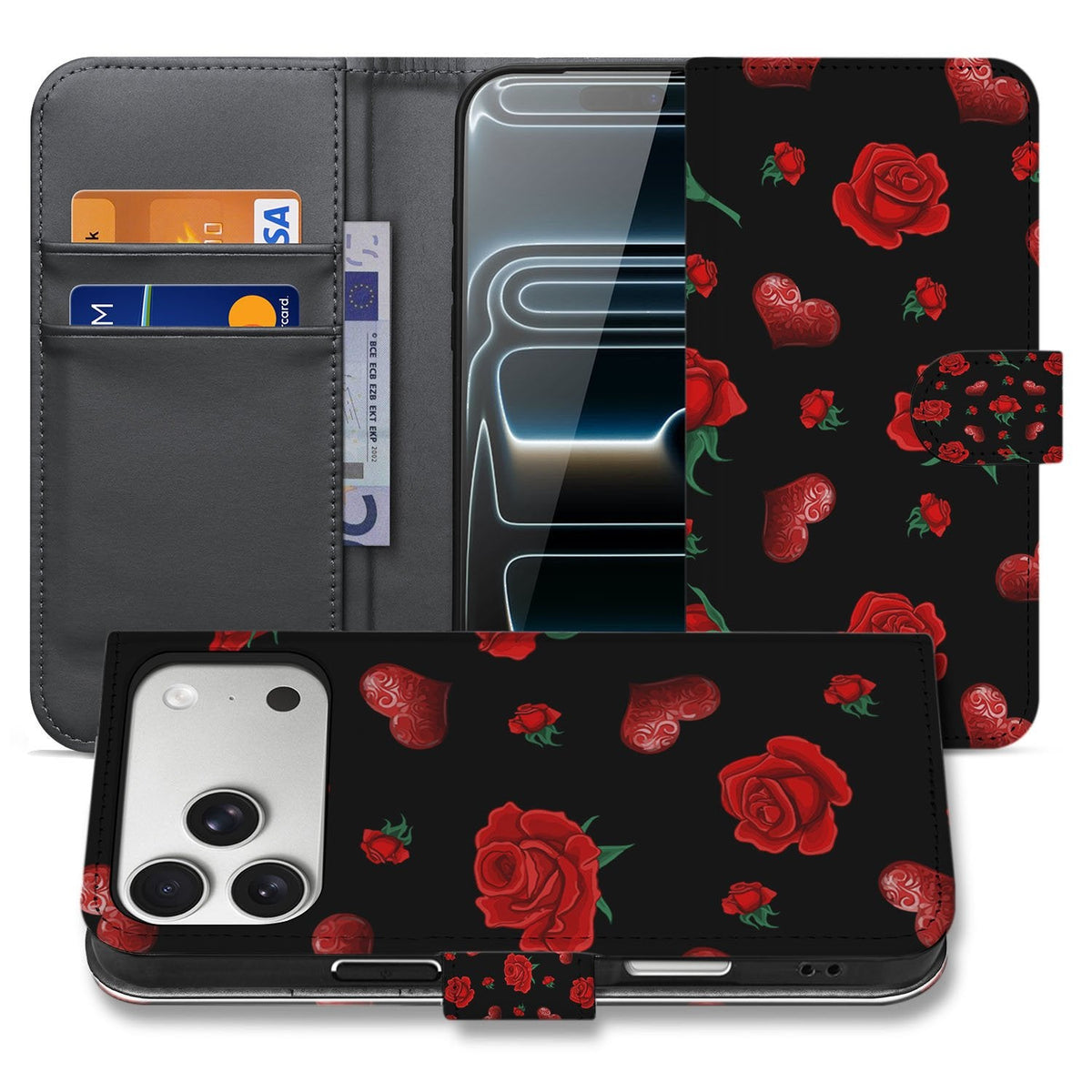 Valentine bookcase hoesje iPhone 18 Pro in overzicht, open en gesloten