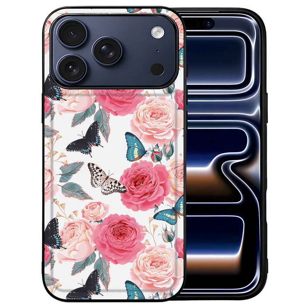 Roze rozen en vlinders op de kunstleren achterkant van het iPhone 18 Pro hoesje Butterfly Roses