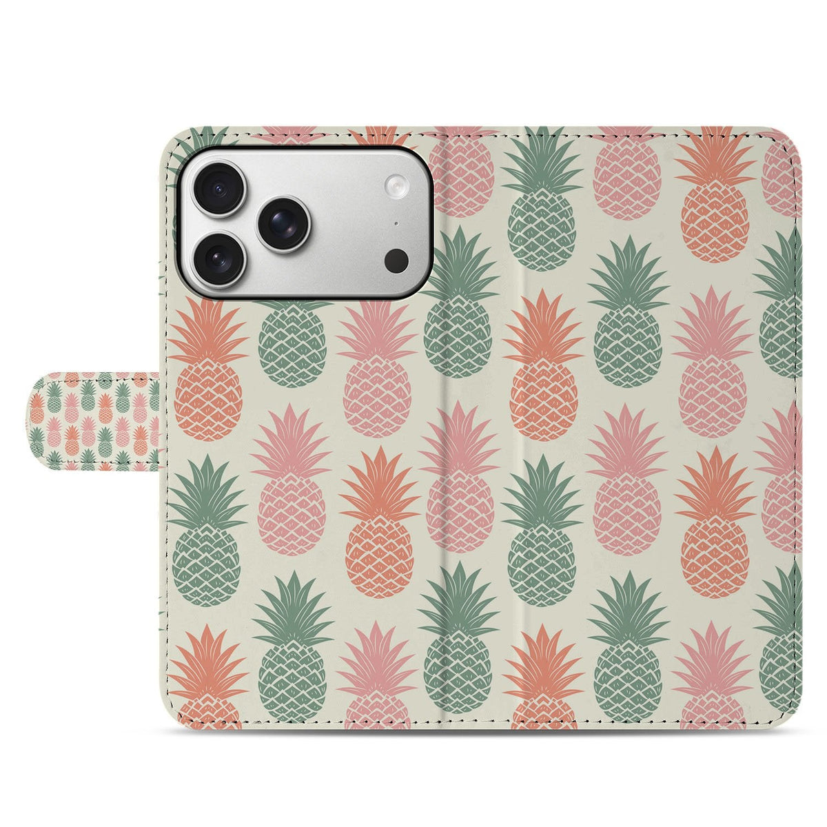 Gesloten voorkant van het Ananas bookcase hoesje voor de iPhone 18 Pro op beige ondergrond