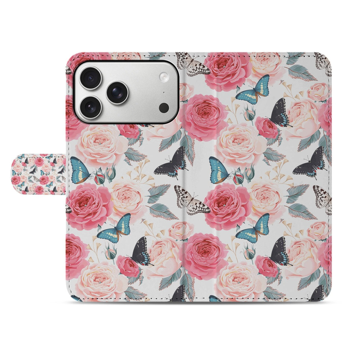 Voorkant van het gesloten Butterfly Roses bookcase hoesje voor de iPhone 18 Pro
