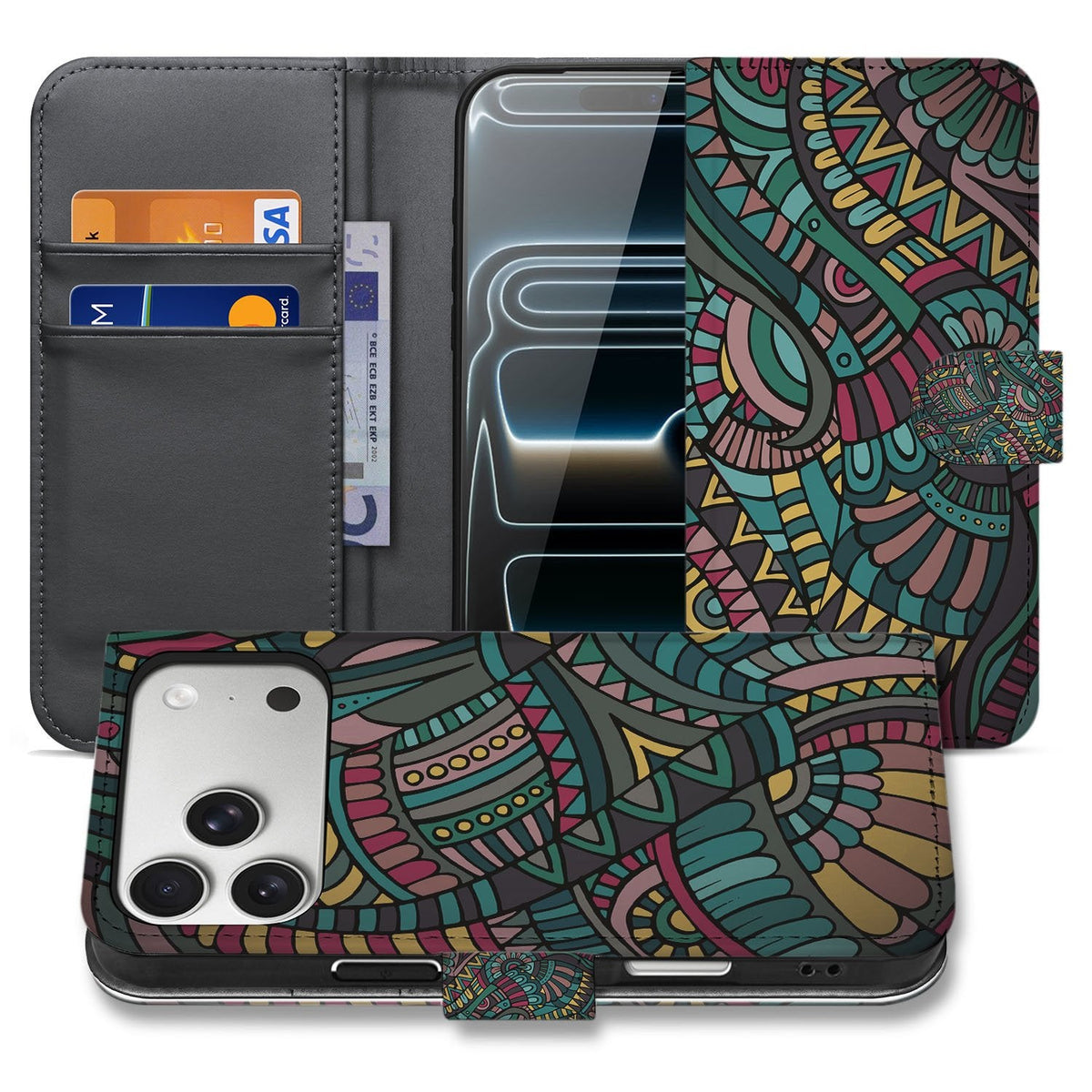 iPhone 18 Pro portemonnee hoesje Aztec, open en dicht naast elkaar met het geometrische patroon
