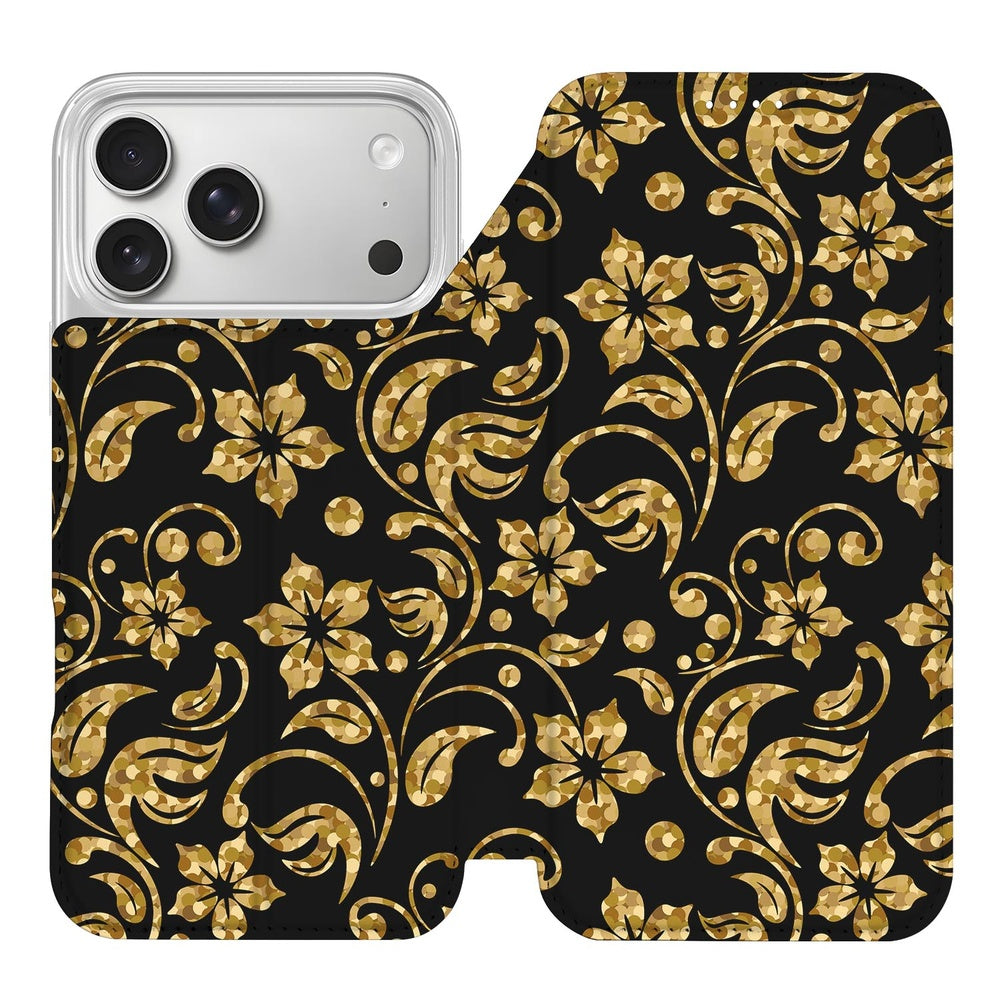 Book Case Apple iPhone 18 Pro Gouden Bloemen bloemen design zwart