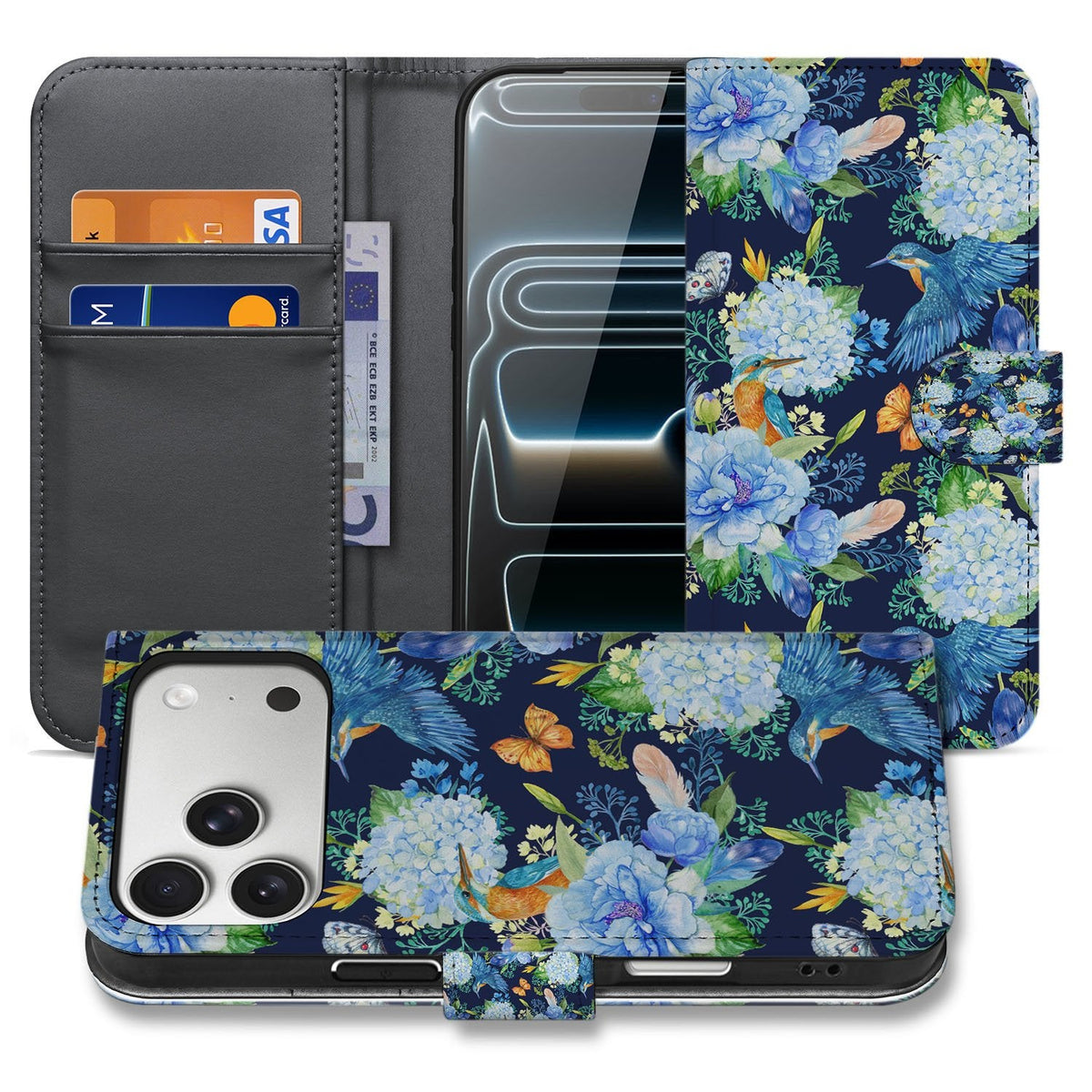 iPhone 18 Pro wallet hoesje IJsvogel, open en gesloten naast elkaar met blauw-witte vogelprint
