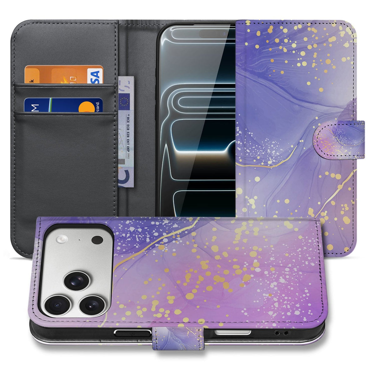 iPhone 18 Pro wallet hoesje Watercolor Paars, open en dicht met paarse aquarelprint