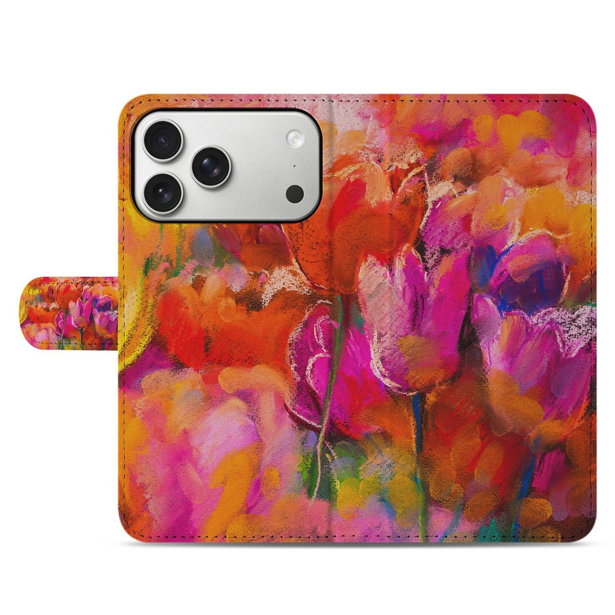Gesloten voorkant Tulips bookcase hoesje voor de iPhone 18 Pro in rood en roze