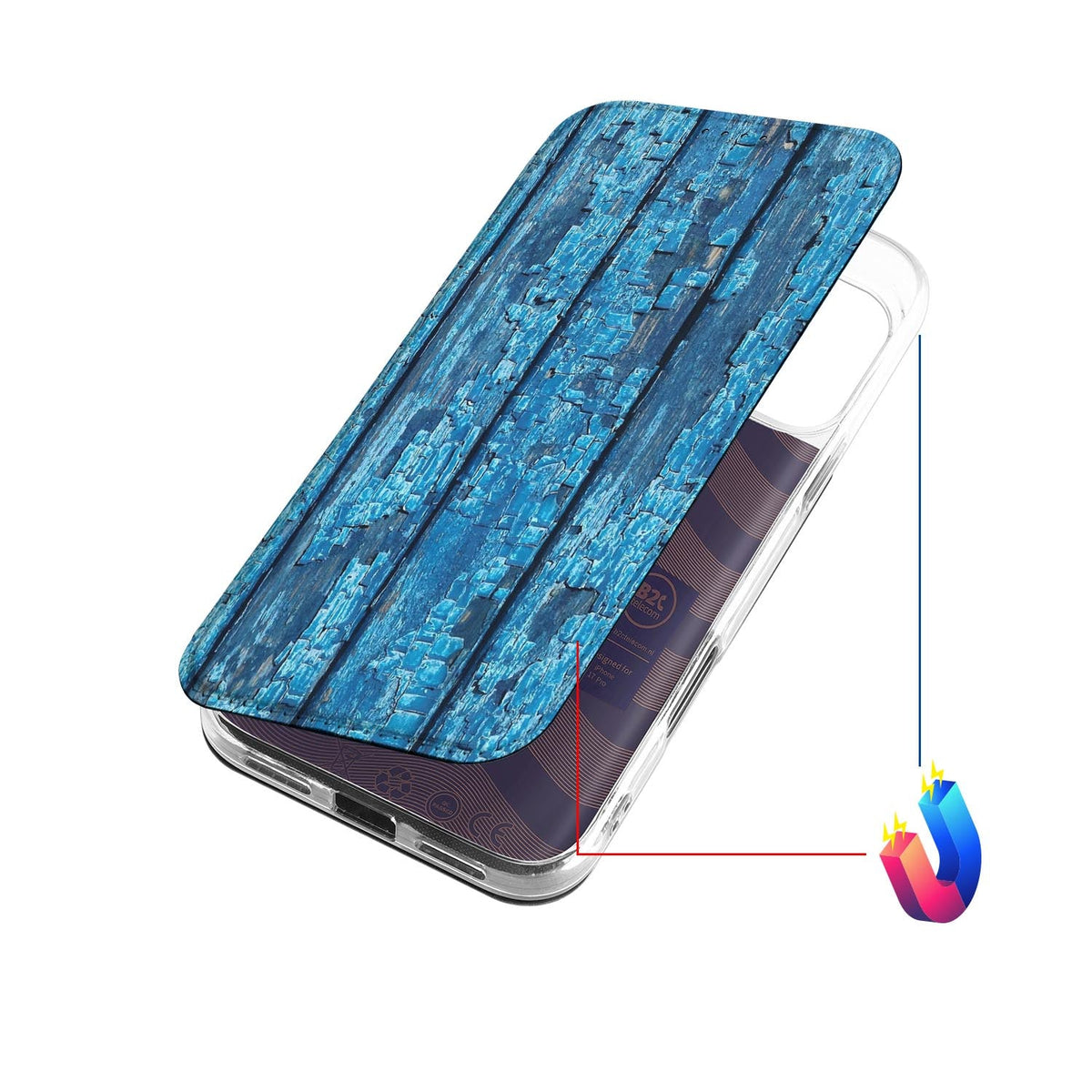 iPhone 18 Pro Book Wallet Case Wood Blue design blauw houtprint aanzicht