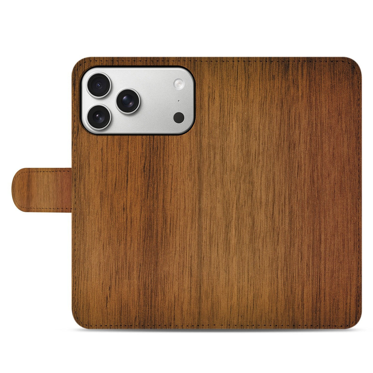 Voorkant van het gesloten Donker Hout bookcase hoesje voor de iPhone 18 Pro