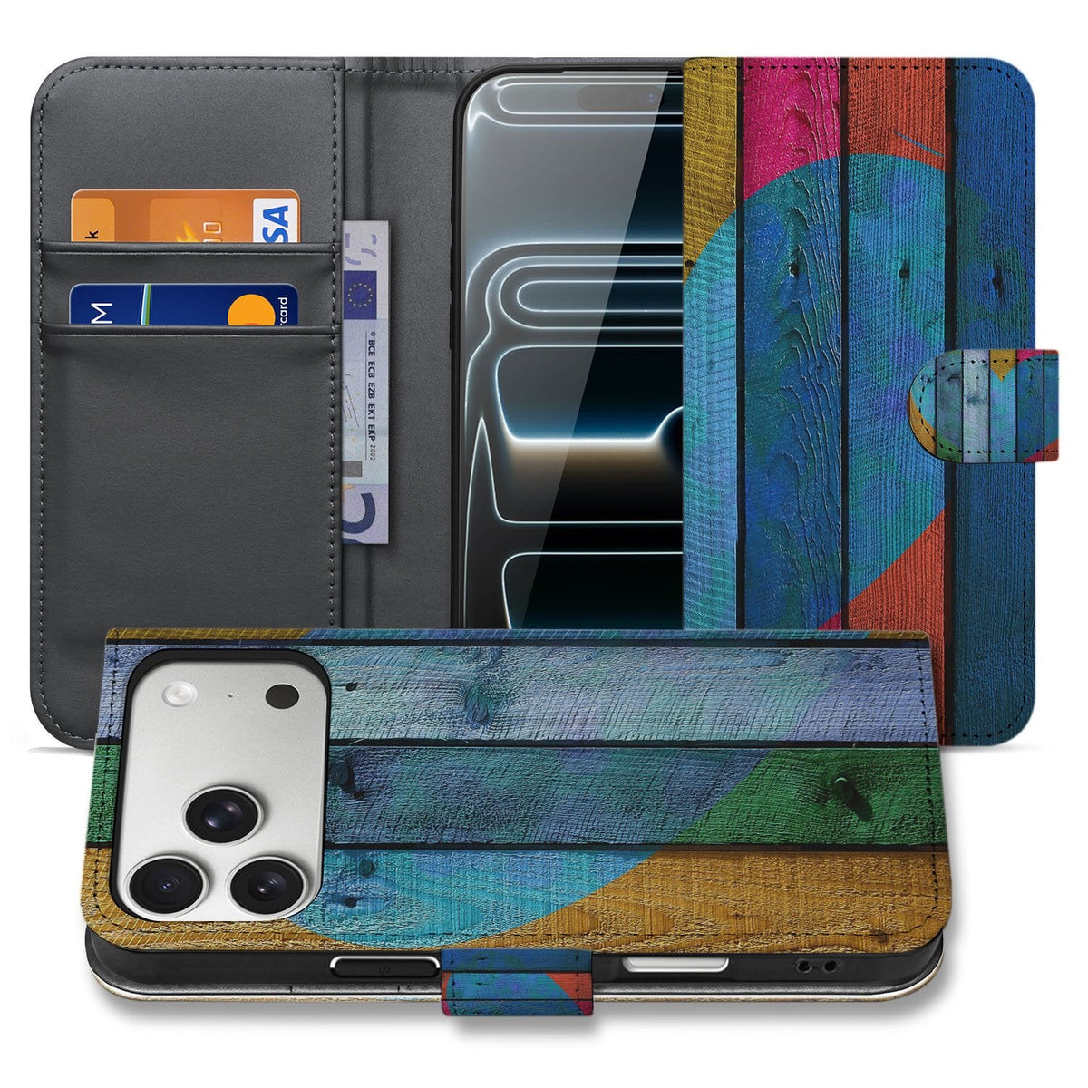 iPhone 18 Pro bookcase hoesje Wood Heart, open en dicht afgebeeld