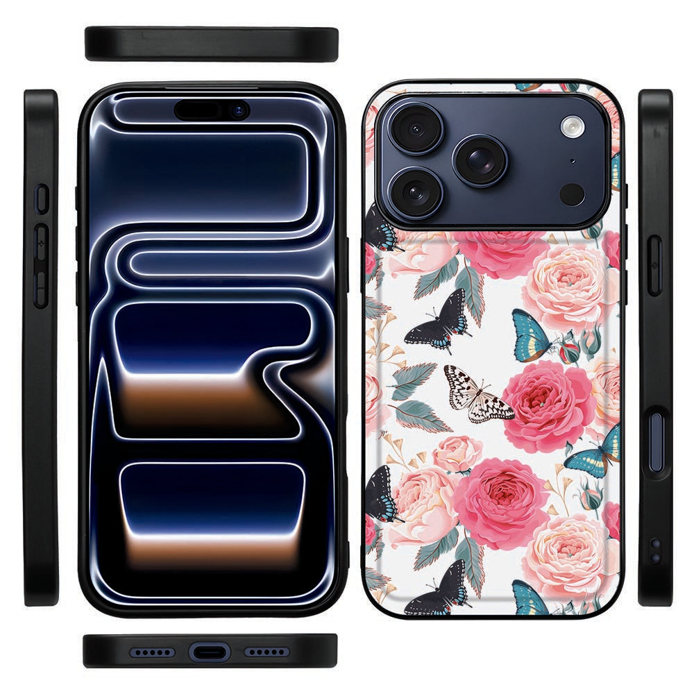 Zwarte TPU-rand van het Butterfly Roses telefoonhoesje voor de iPhone 18 Pro van opzij