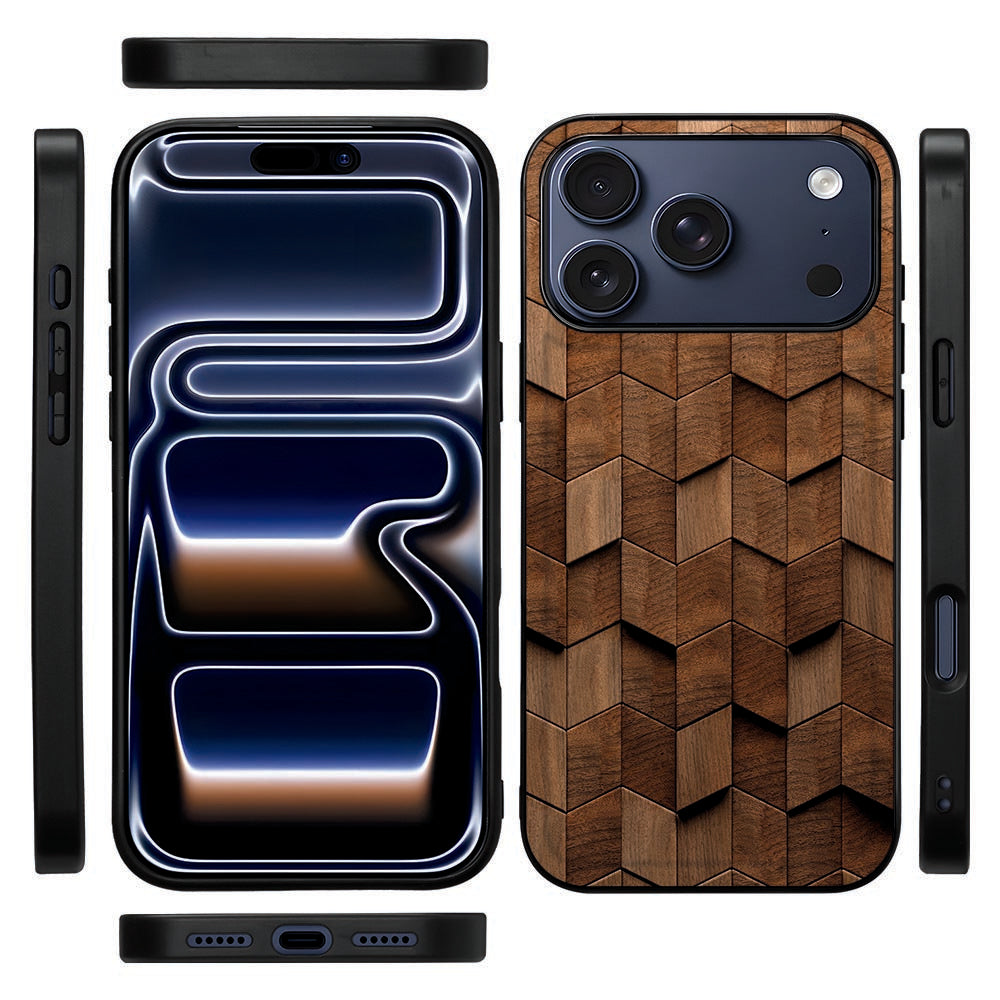 Zwarte TPU-rand van het Wooden Cubes hoesje voor iPhone 18 Pro vanaf de zijkant