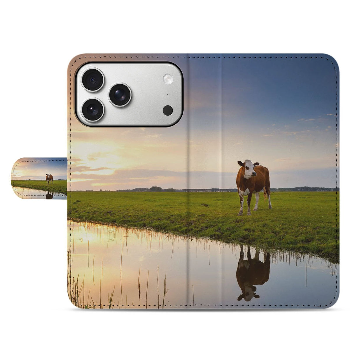 Voorkant van het gesloten Koe bookcase hoesje voor de iPhone 18 Pro