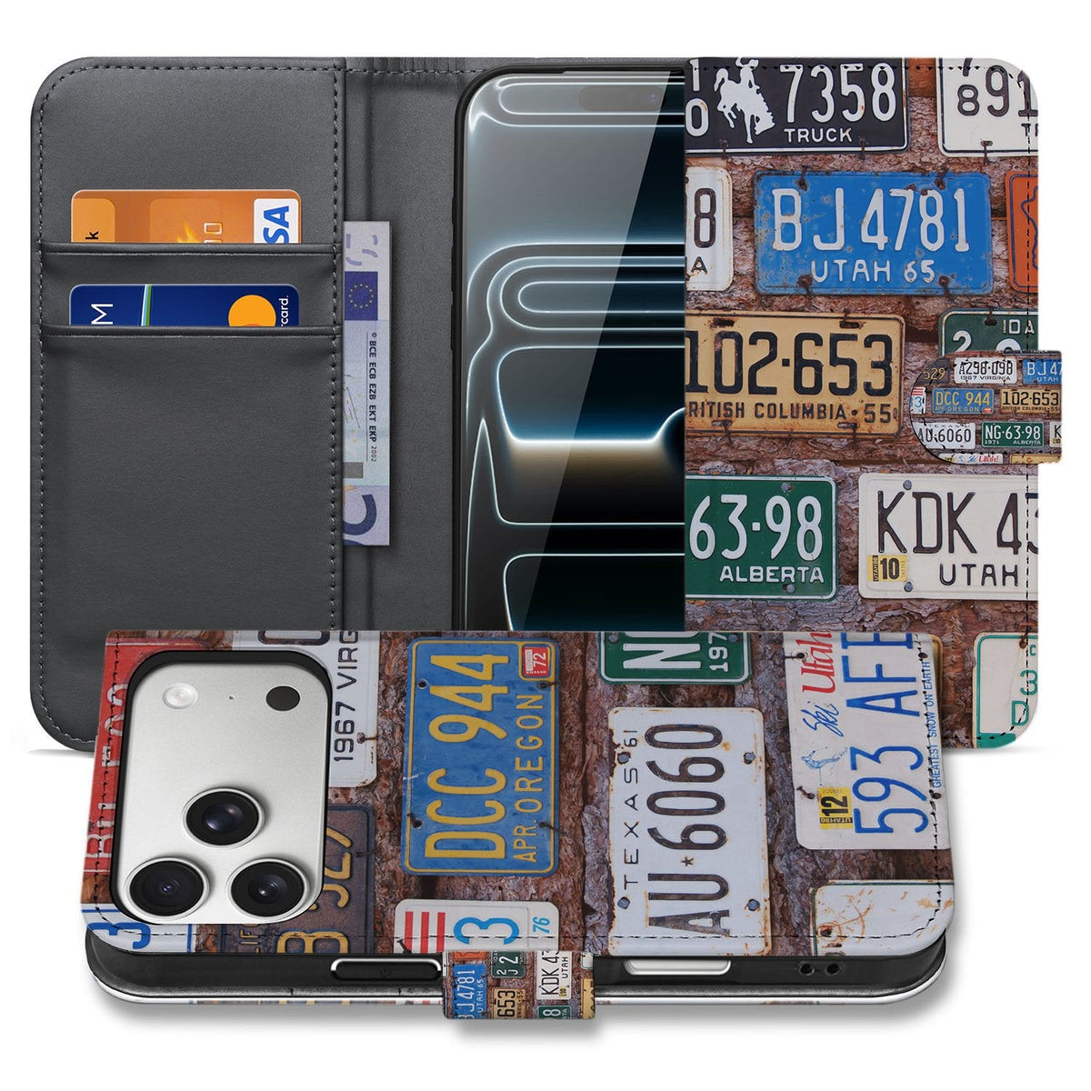 iPhone 18 Pro hoesje met pasjeshouder Kentekenplaten, open en dicht getoond met nummerbordcollage