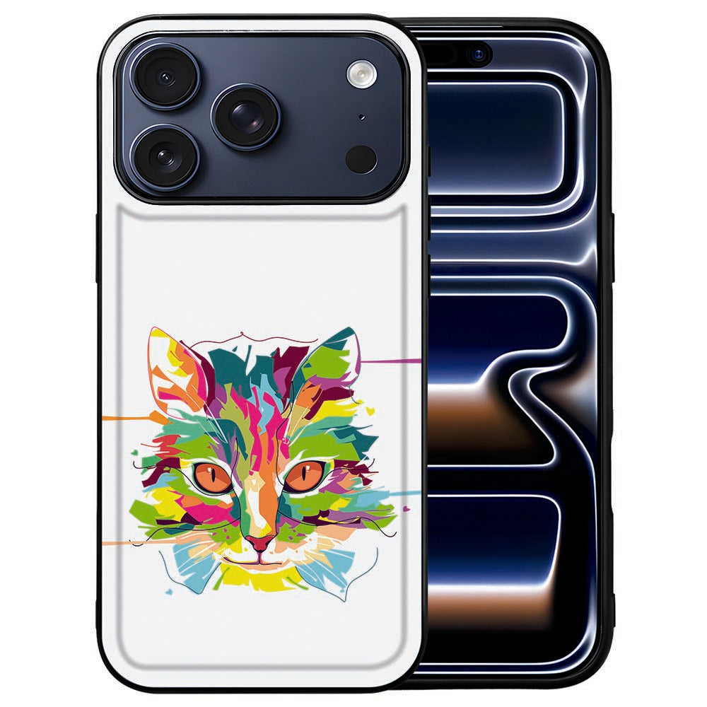 Kleurrijke kattenillustratie op zwart op de achterkant van het Cat Color iPhone 18 Pro hoesje