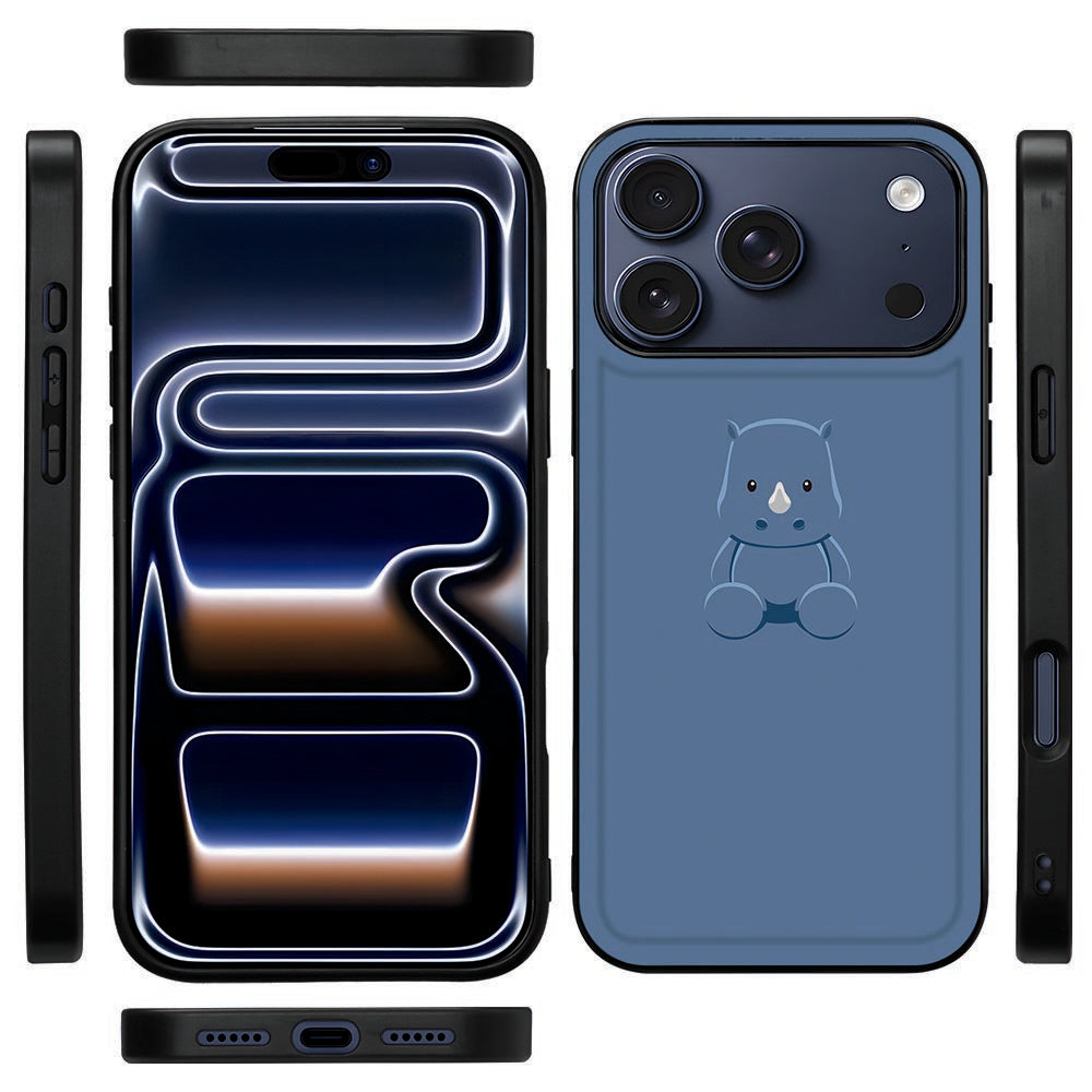 Zijaanzicht van de Baby Rhino back cover voor iPhone 18 Pro Max met zwarte TPU-rand en knopopeningen
