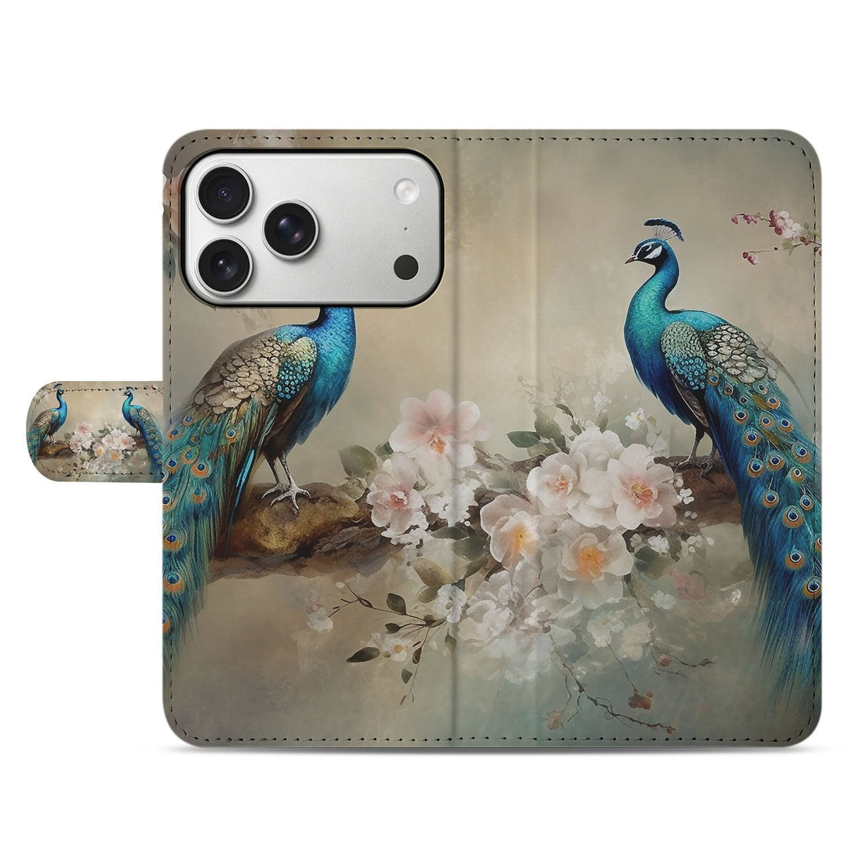 Gesloten voorkant van het iPhone 18 Pro Max hoesje met meerkleurige Vintage Pauwen print