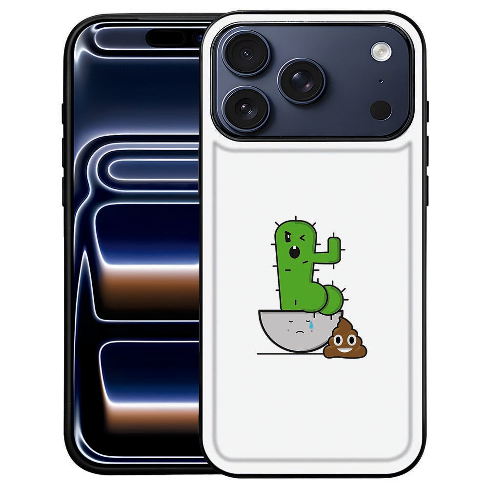 Cactus Poo iPhone 18 Pro Max hoesje van achteren met de grappige cactus-illustratie op kunstleer