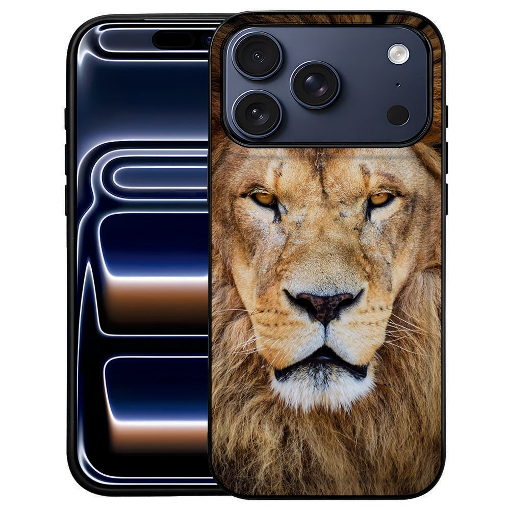 Leeuw iPhone 18 Pro Max hoesje met bruine leeuwenkop op de kunstleren achterkant
