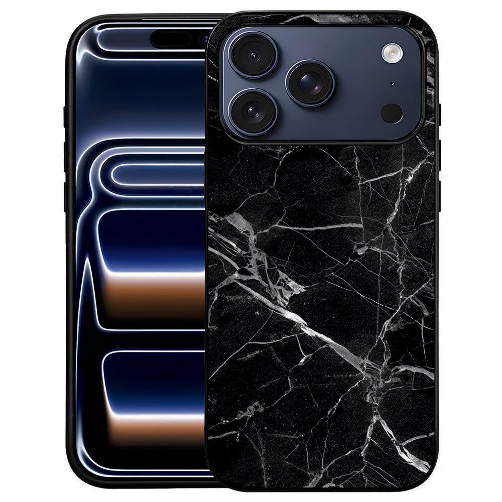 Marmer Zwart iPhone 18 Pro Max hoesje van achteren met donkere marmerprint en lichte aders
