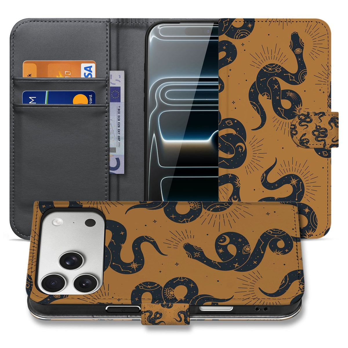 Snakes-hoesje voor de iPhone 18 Pro Max, open en dicht naast elkaar met slangenprint in bruin en zwart