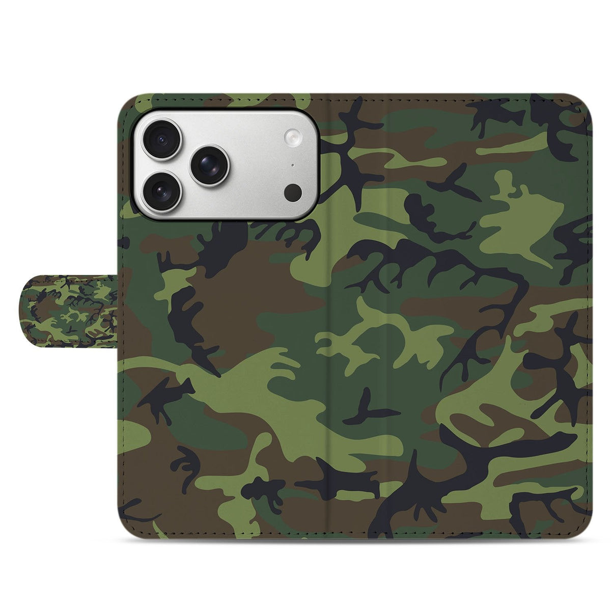 Voorkant van het gesloten Army Dark portemonnee hoesje voor de iPhone 18 Pro