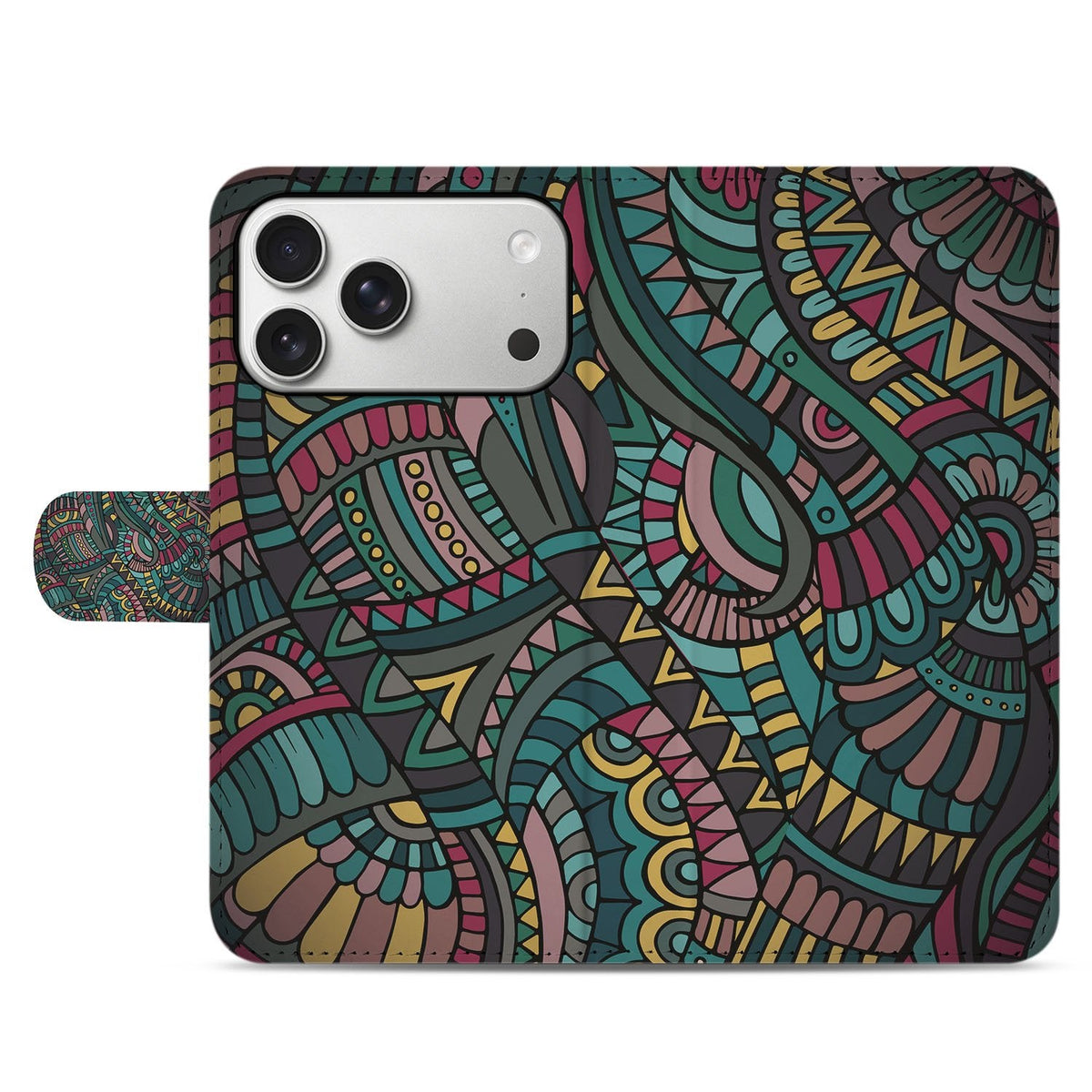 Voorkant van het gesloten Aztec portemonnee hoesje voor de iPhone 18 Pro met meerkleurig patroon