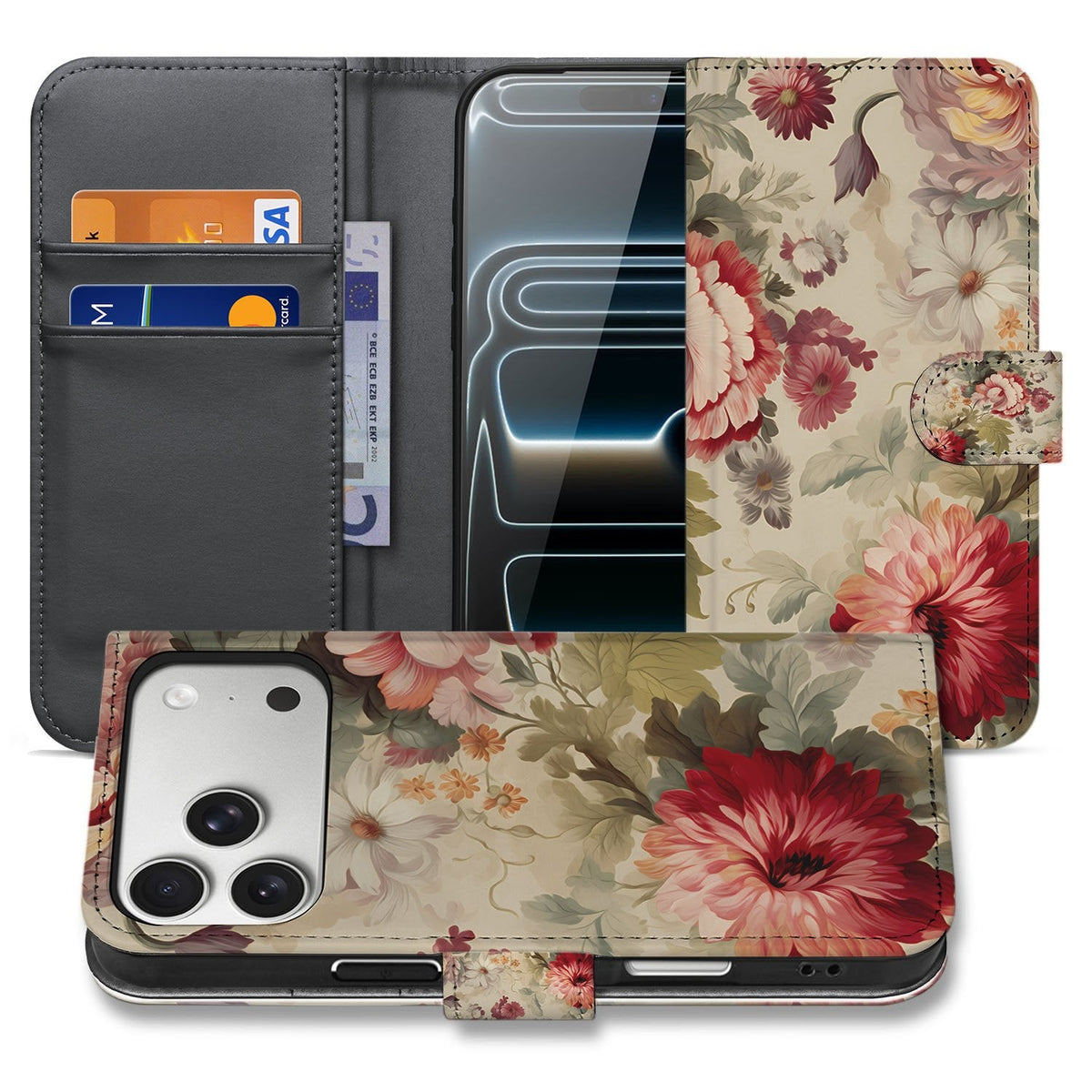 iPhone 18 Pro portemonnee hoesje Bloemen, open en dicht naast elkaar op een rij