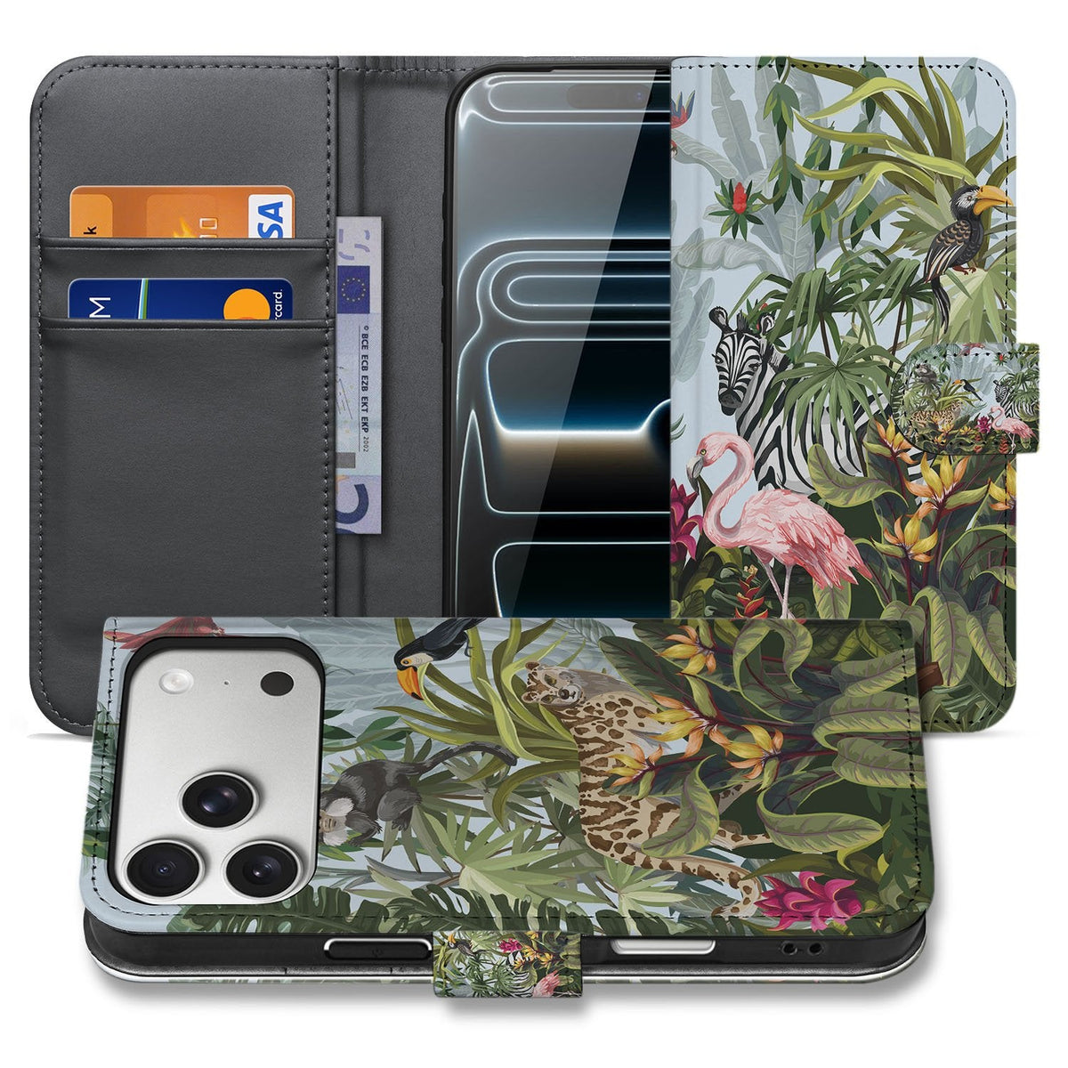 iPhone 18 Pro portemonnee hoesje Jungle in blauw en roze, open en dicht getoond
