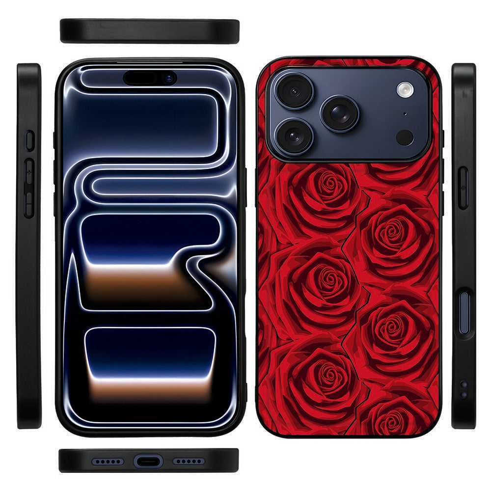 Zijaanzicht van de Red Roses back cover voor de iPhone 18 Pro met zwarte TPU-rand